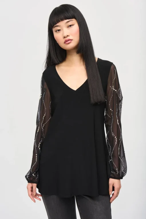 Joseph Ribkoff Flare Tunic in Beaded Sleeve in Black 243132