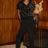 Joseph Ribkoff Foiled Velvet Jumpsuit in Black Gold 244001
