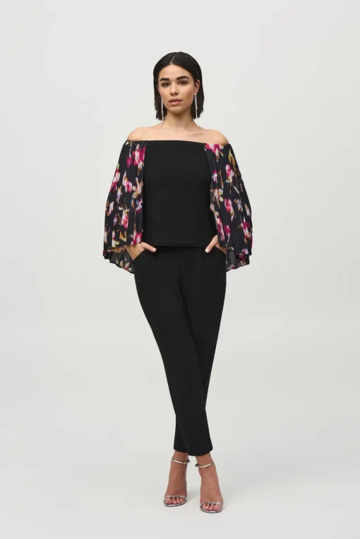 Joseph Ribkoff Pleated Cape Top in Black Floral 244246
