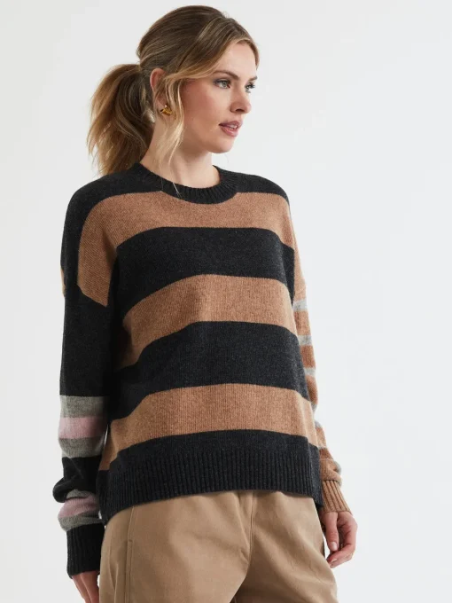 LD & Co Lambswool Striped Crew Jumper in Chocolate Mix