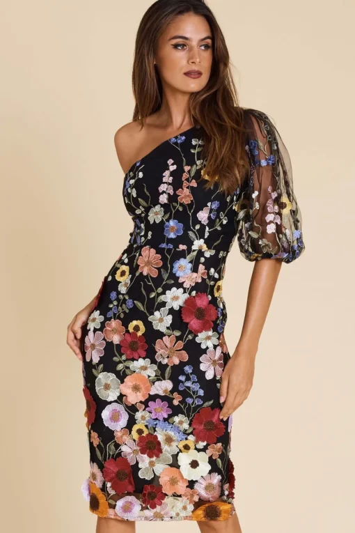 Romance Blake One Sleeve Dress in Black Wild Flower
