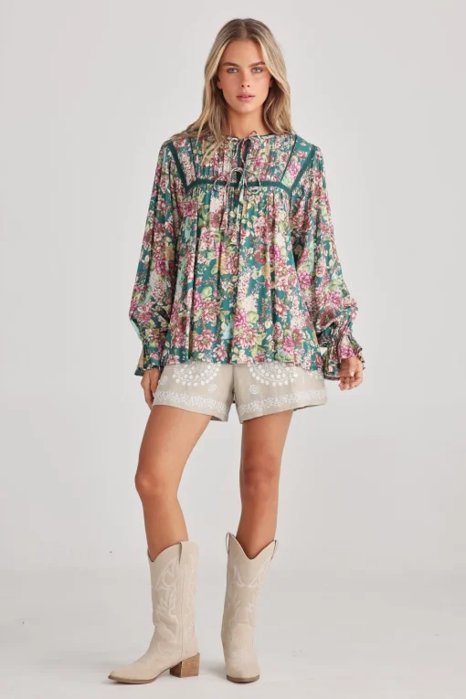Talisman Drifter Top in Green Rose Garden