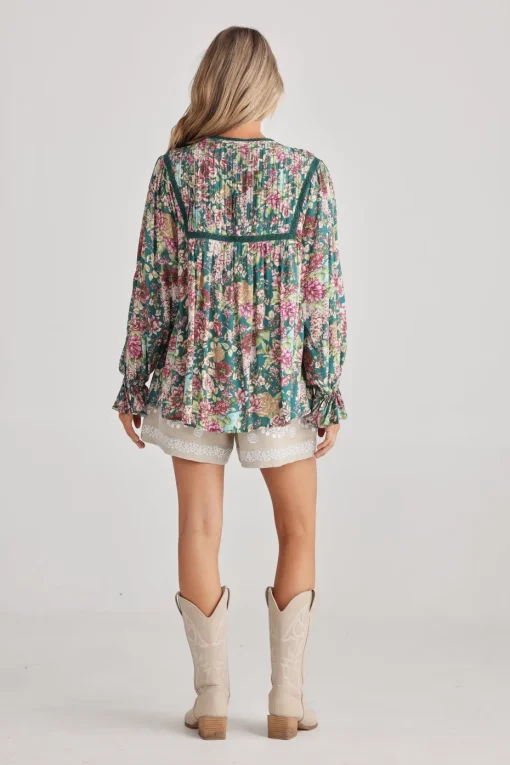 Talisman Drifter Top in Green Rose Garden