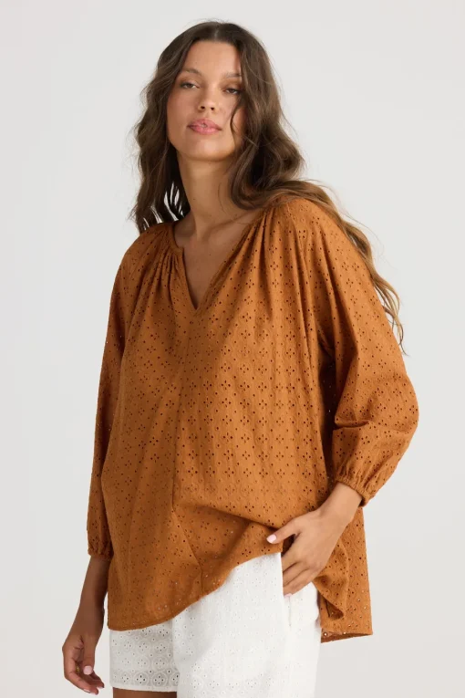 Talisman Isla Blouse in Tan Broderie