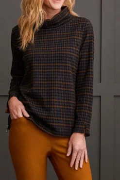 Tribal Cowl Neck Top with Zipper Accent in Houndstooth